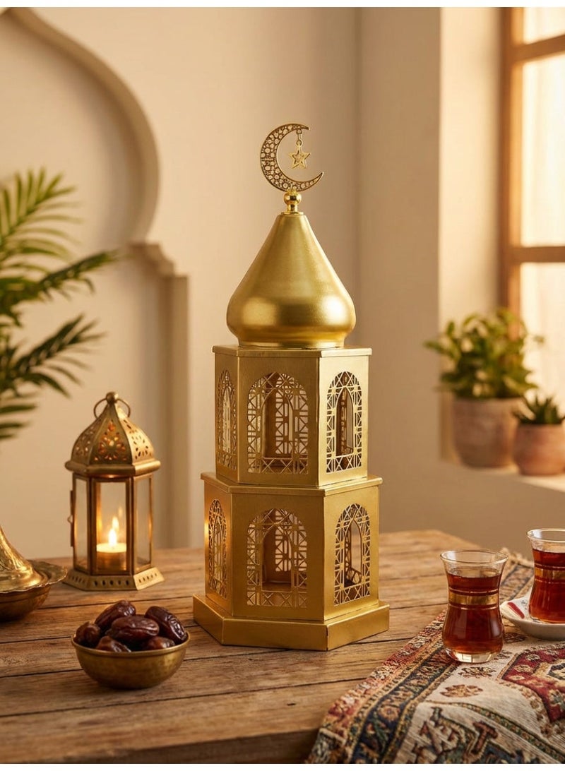 Tanseeq فوانيس منارة ذهبية أنيقة بطبقتين لعرض مركز طاولة رمضان - ديكور منزلي إسلامي هدية عيد مبارك تمثال مسجد معدني حامل شمعة 38 سم - Image 2